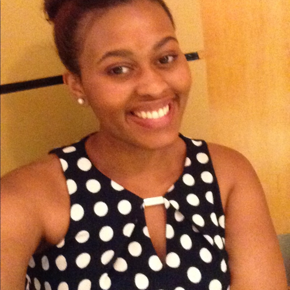Navy, white poka dot dress